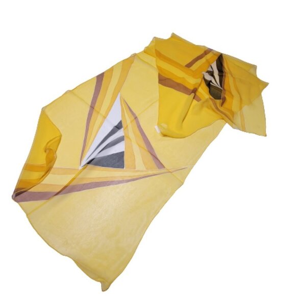 Yellow Rectangular Silk Chiffon Scarf with triangular striped print - NEW - Picture 2 of 6